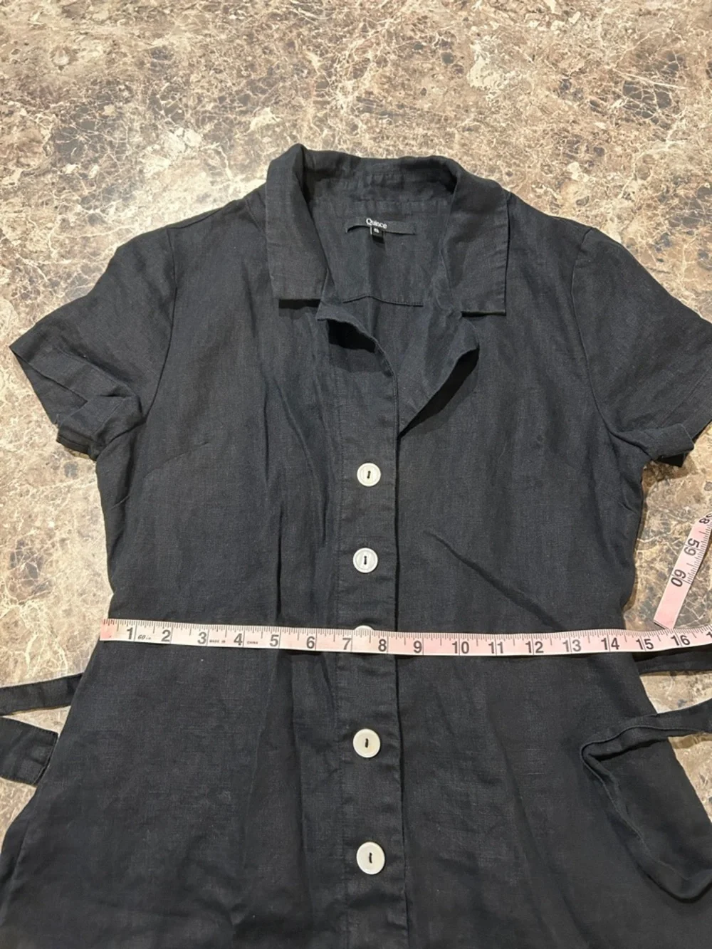 Quince 100% Linen Button Front Short Sleeve Midi Dress Black